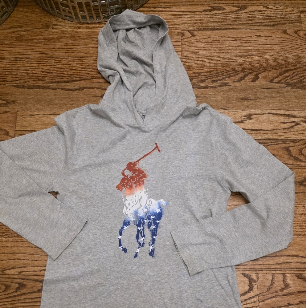 Boys Polo by Ralph Lauren Gray Hoodie with Red and Blue Graphic. Large 14-16